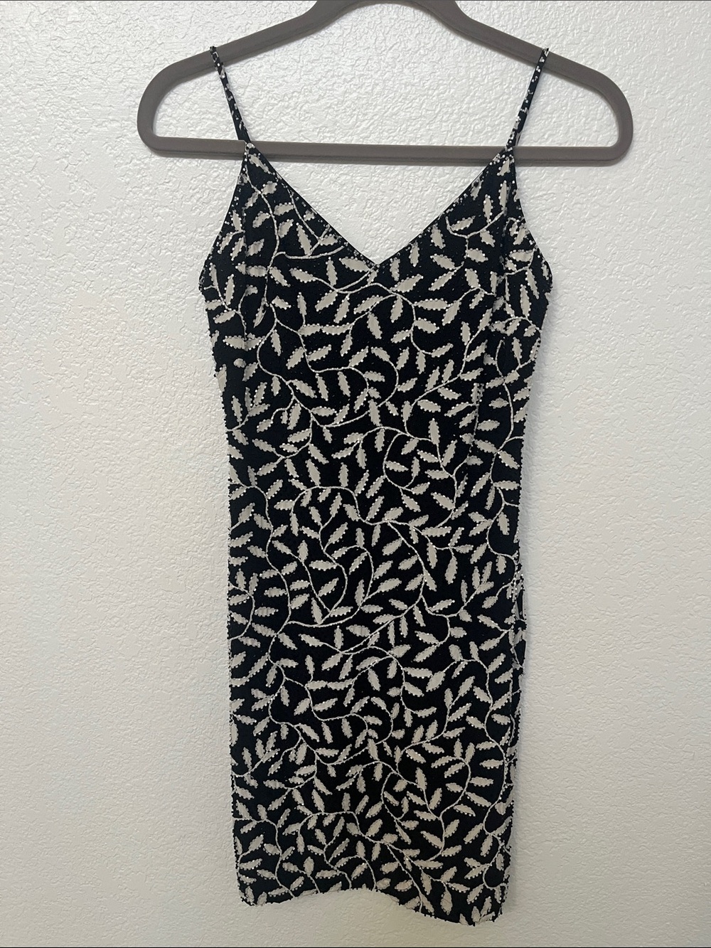 Oleg Cassini Black Mini Dress with Cream Leaf Print